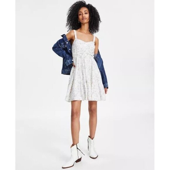 Lucky Brand Womens Size Large Cream Floral Sweetheart Neck Mini Babydoll Dress - Picture 1 of 11